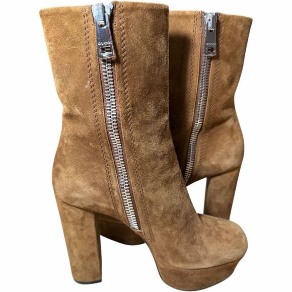 Gucci Claudie Suede Platform Ankle Boots Brown Zip Block Heel 35.5 - Picture 5 of 11